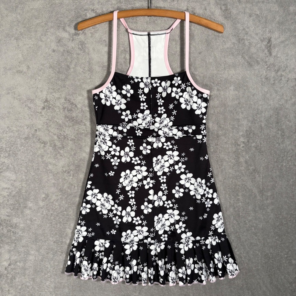 Frankies Bikinis Active Swift Floral Tennis Dress M Ruffles Black Plush Plumeria
